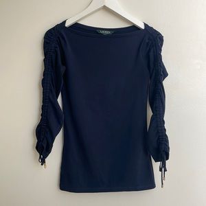 Ralph Lauren Navy Long Ruffle Sleeve Cotton Top. Size XS.